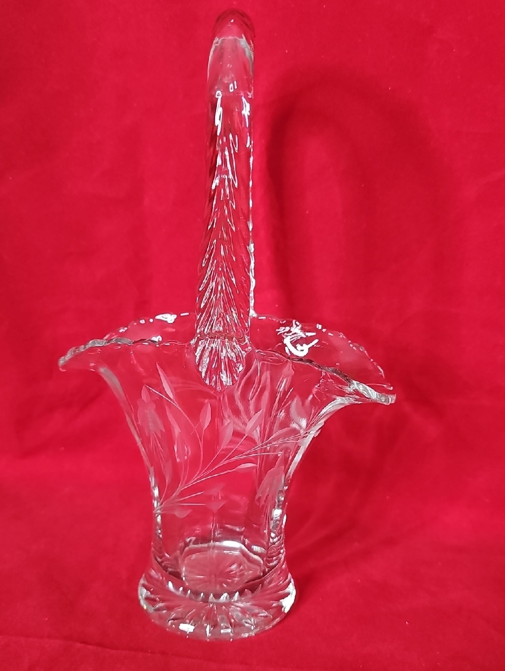 Duncan And Miller Etched Clear Glass Basket with Scrolled Handle